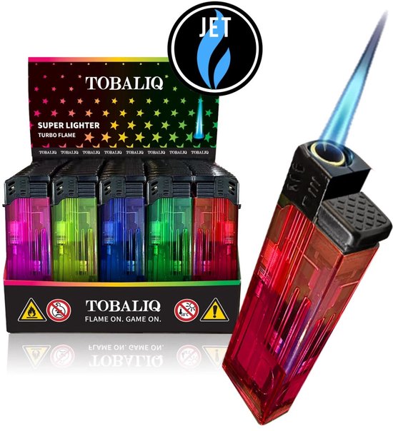 Transparante rode turbo-aansteker met vlam en een display van Tobaliq aanstekers in diverse kleuren.