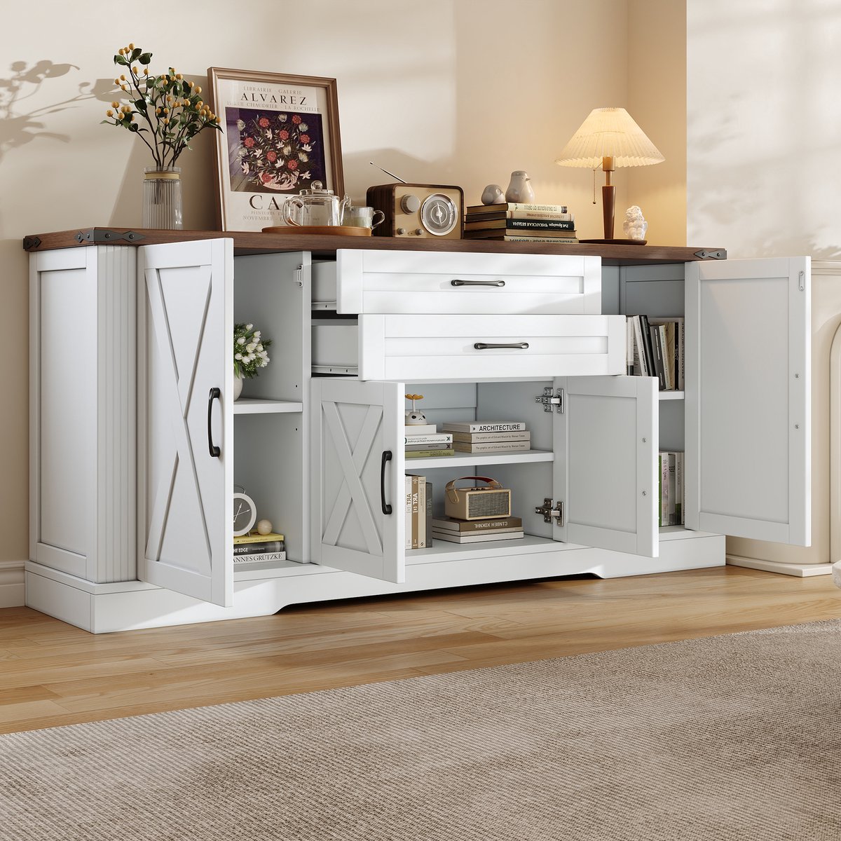 OKWISH Dressoir - 160 x 39 x 81,5 cm - 4 Deuren en 2 Lades - Verstelbare Planken en Werkblad - MDF en Spaanplaat Wit en Walnoot