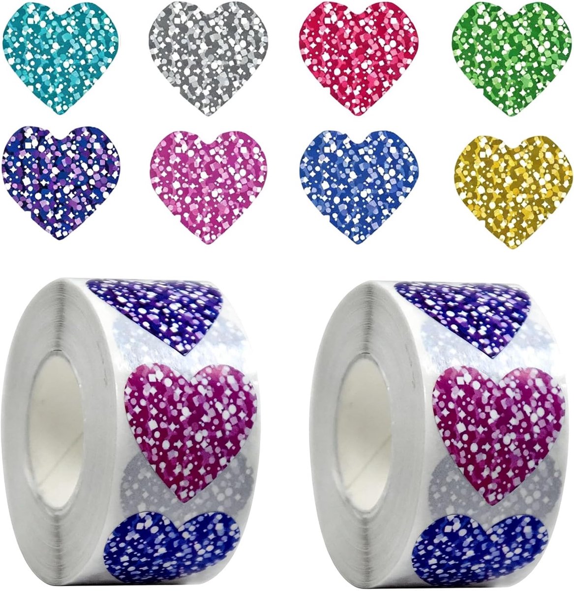 Glitterstickers hartvorm 2,5 cm - holografisch - kleurrijke beloningsstickers - ideaal voor klaslokaal - ShopVlot