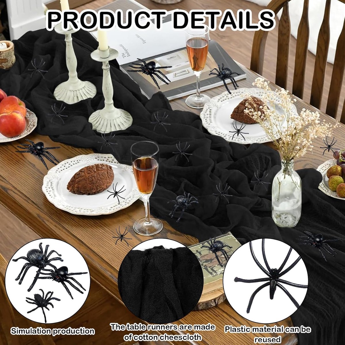 Halloween tafelkleed 400x90cm - zwart gaas - met 30 nepspinnen - perfecte decoratie voor griezelige feesten - ShopVlot