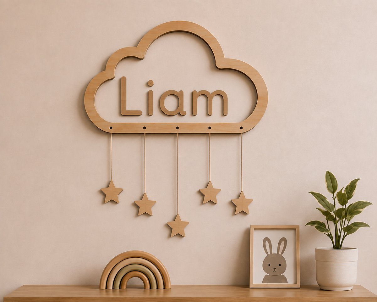 Gepersonaliseerde Houten Wolk met Naam en Sterren – Houten Naambord Kinderkamer – Wanddecoratie Baby- en Kinderkamer – Boho Scandinavische Decoratie – Naturel Hout – 80 x 30 cm