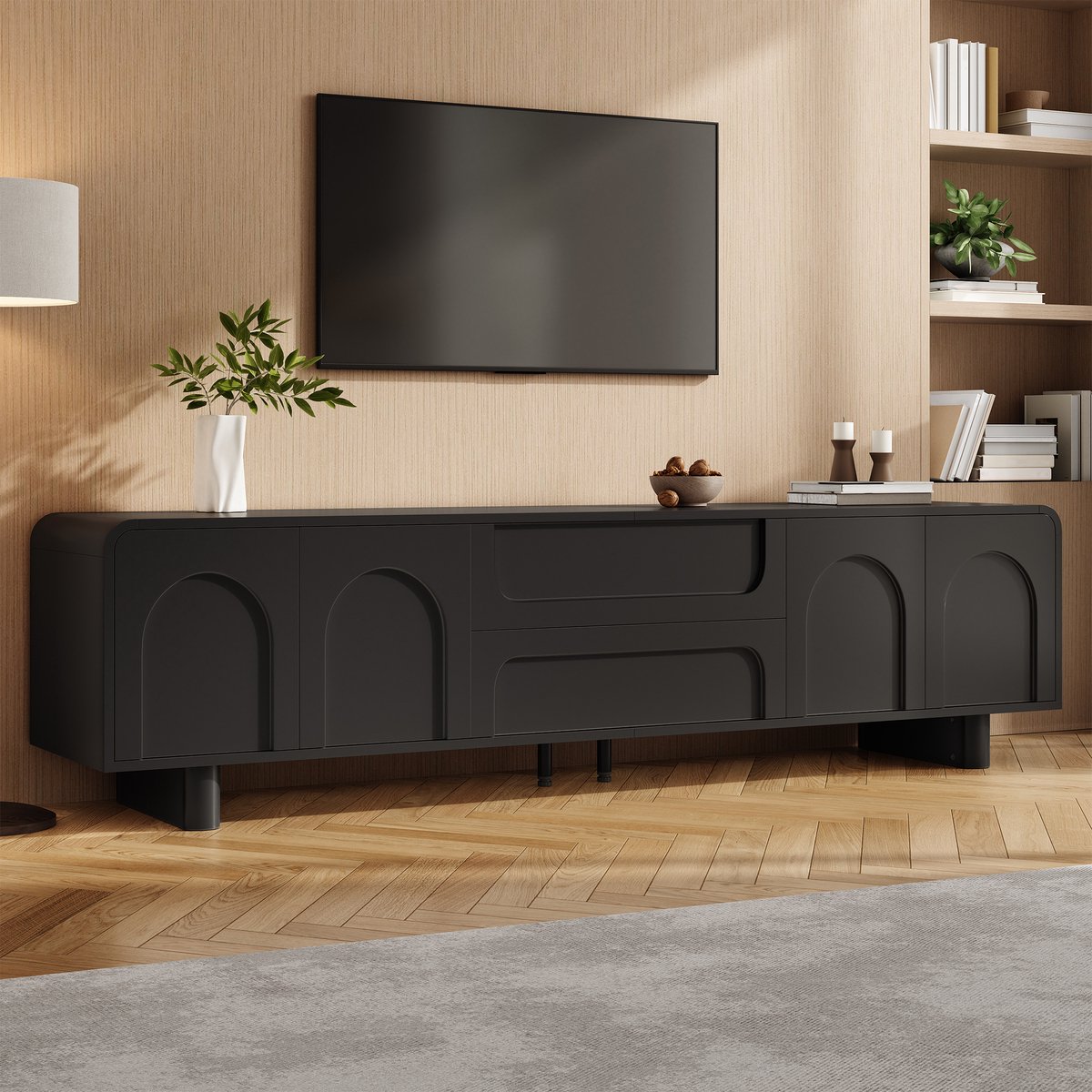 OKWISH TV Meubel - Modern Design - 180 Cm - 4 Deuren En 2 Lades - Met Kabeldoorvoer - Zwart MDF En Spaanplaat