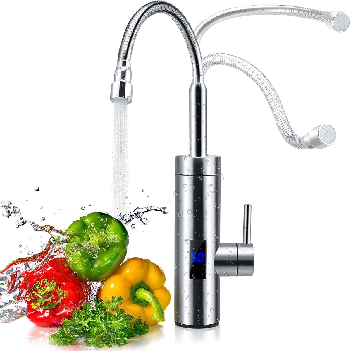 Kraan met doorstromend waterverwarming - 360° watertap - 3000 W RVS met LCD temperatuurweergave - ideaal voor keuken - ShopVlot