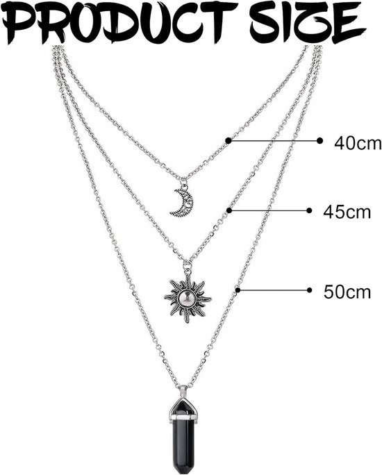 Zwarte kristallen ketting - 3 in 1 gelaagd - zon en maan design - perfect voor Y2K outfits - ShopVlot — afbeelding 5