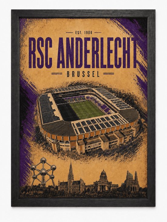 Affiche RSC Anderlecht avec stade et skyline de Bruxelles sur fond brun.