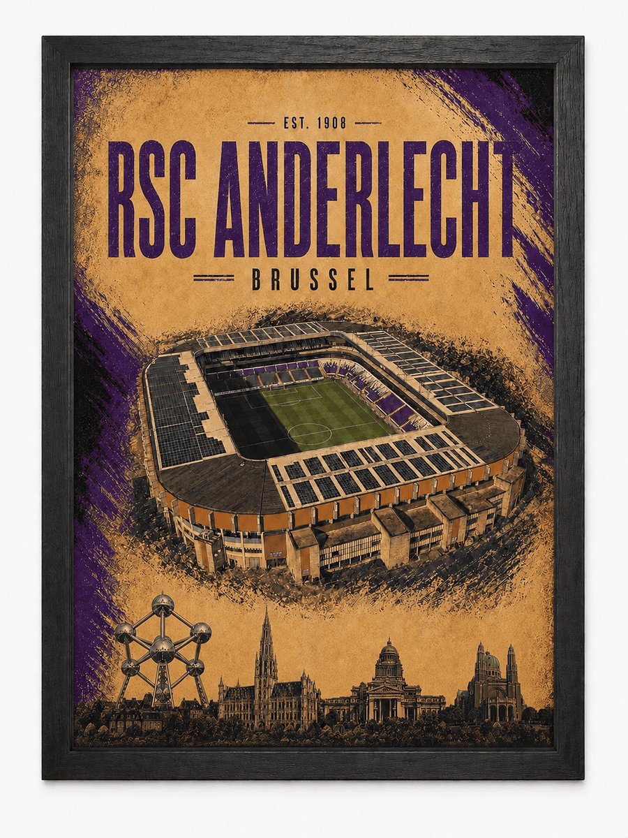 RSC Anderlecht Poster | Stadion en Skyline Brussel | Inclusief Zwarte A4 Lijst | Wanddecoratie