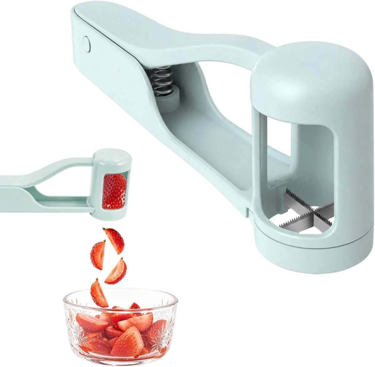 Fruitsnijder, aardbeiensnijder, lichtblauw, keukengadget, 16,5 cm lang, 5,6 cm hoog, herbruikbaar, wasbaar met water - ShopVlot