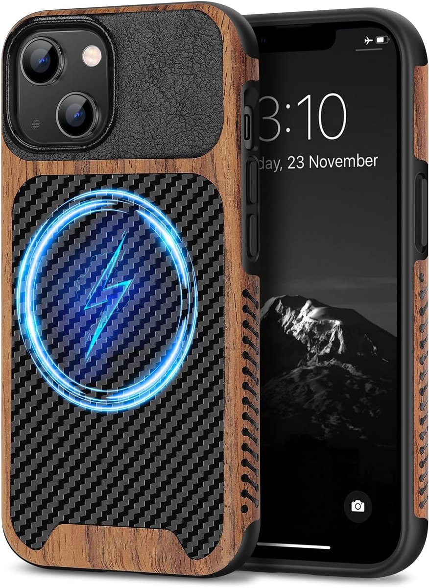 TENDLIN Magnetic Case Compatible with iPhone 14 Case Wood Grain with Carbon Fiber Texture Design Leather Hybrid Slim - ShopVlot