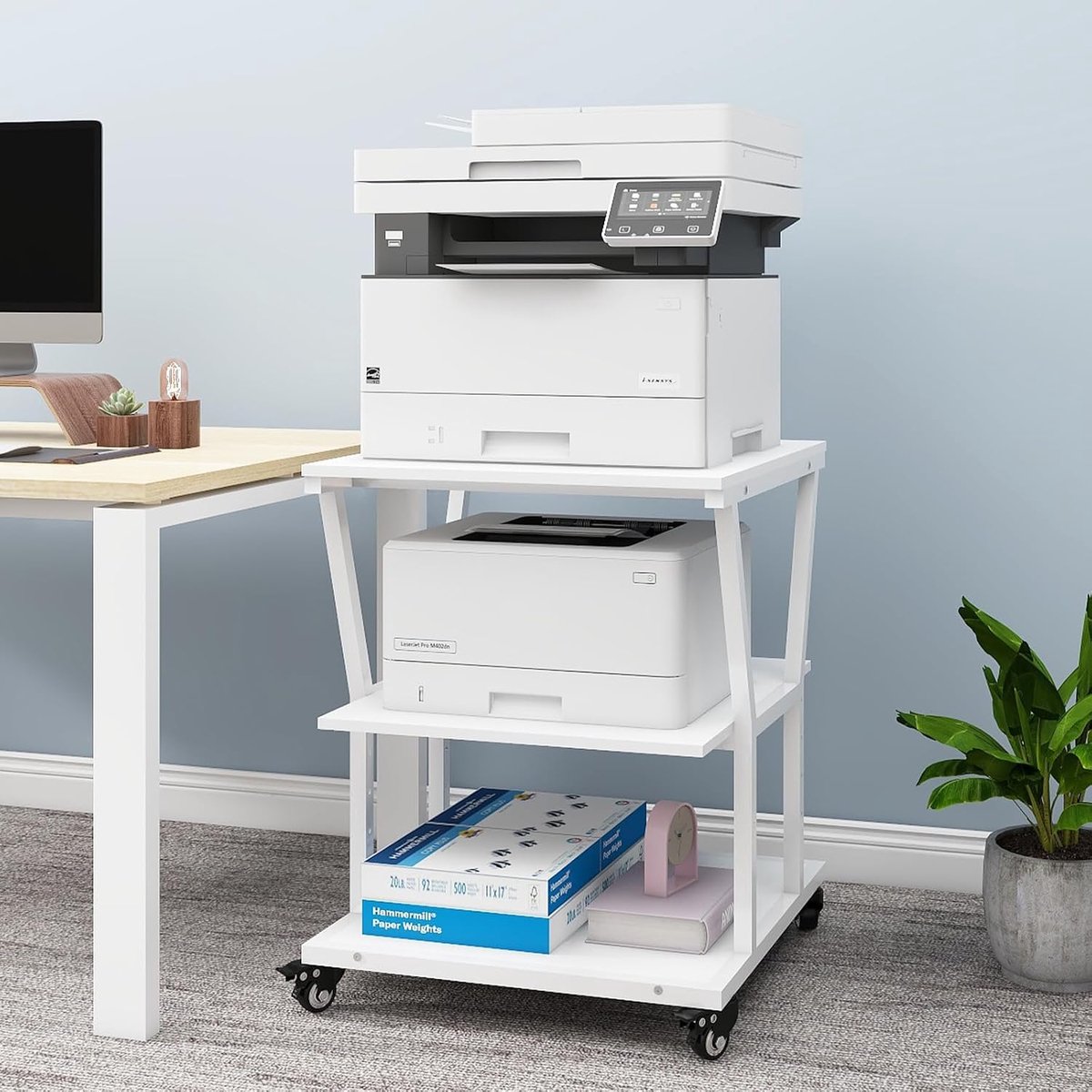 PUNCIA Printertafel met 3 niveaus, printerstandaard met vergrendelbare wielen, 50 x 50 cm oppervlak, mobiele - ShopVlot