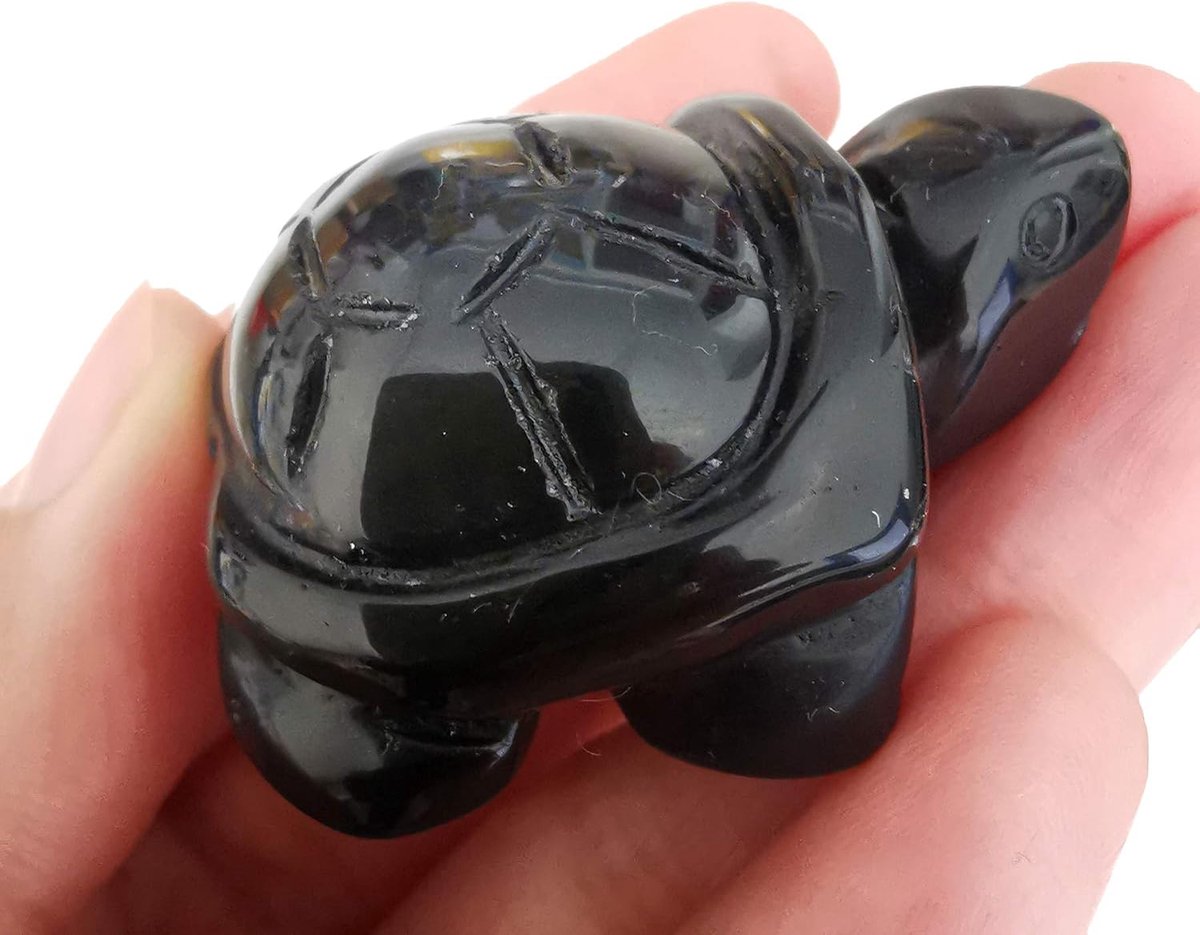 Hand Carved Stone Crystal Turtle, 40mm Small Turtle Animal Figure Bag Sculpture, Black Obsidian - ShopVlot