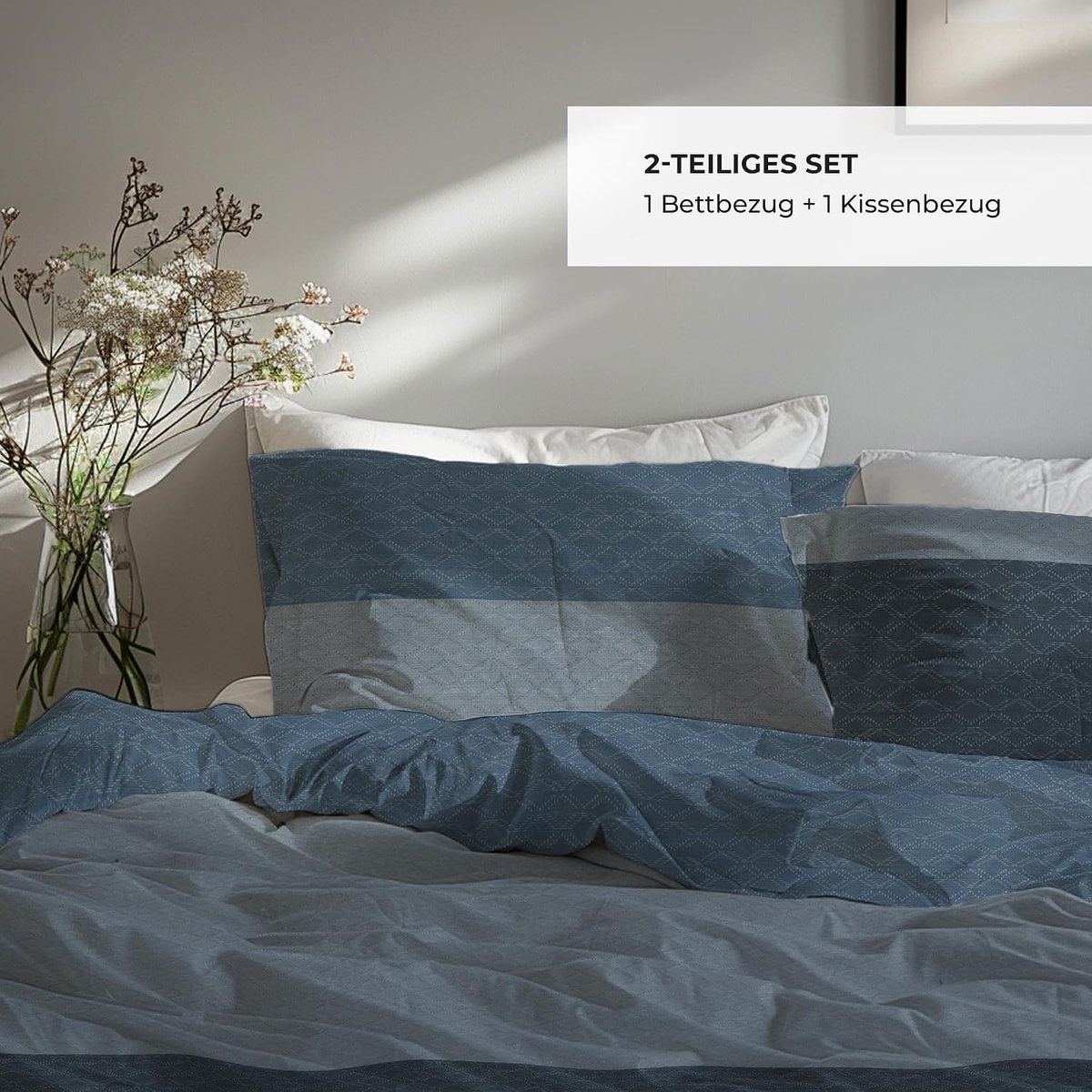 Premium bed linen, 135 x 200 cm, 100% breathable, comfortable cotton with zip, blue, light blue, striped, 2-piece - ShopVlot