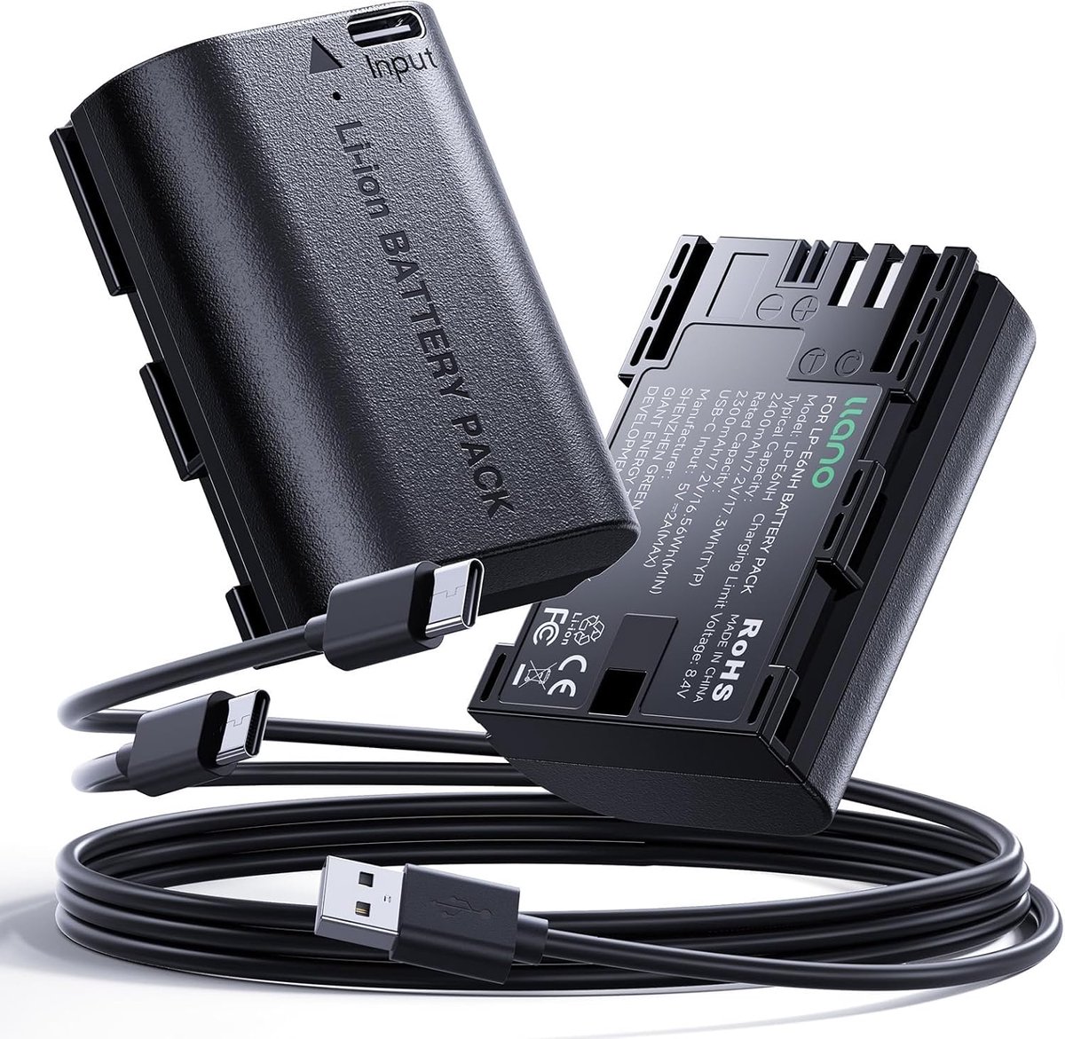 llano 2400mAh LP-E6NH accu met USB-C snel opladen volledig compact voor Canon EOS R5/R6/R7 Mark II, 5D/6D/7D Mark - ShopVlot