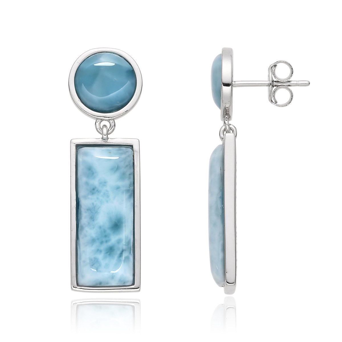 Cavill - 925 Sterling Zilver Larimar Oorbellen - 14,7 ct Blauwe Larimar - Baguette & Ronde Cabochon - Maritieme Elegantie - Kliksluiting