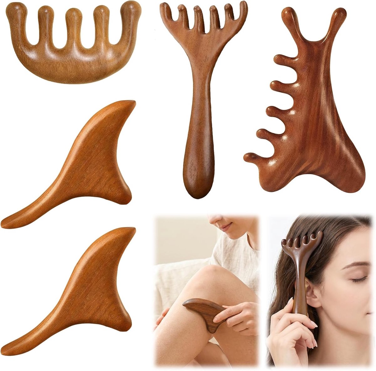 4 verschillende 5 stuks massageapparaten voor massage en ontspanning, massageset van natuurlijk hout met effectieve - ShopVlot