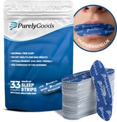 Verpakking en stapel mondpleisters, blauw met witte stippen en 'PurelyGoods' logo. Een pleister op een mond.