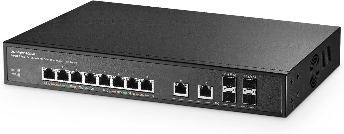 14 Port 10G PoE Switch, 8x2.5G POE, 2x10G RJ45, 4x10G SFP+, IEEE8023af/at 120W, Metal Unmanaged Binardat Ethernet - ShopVlot