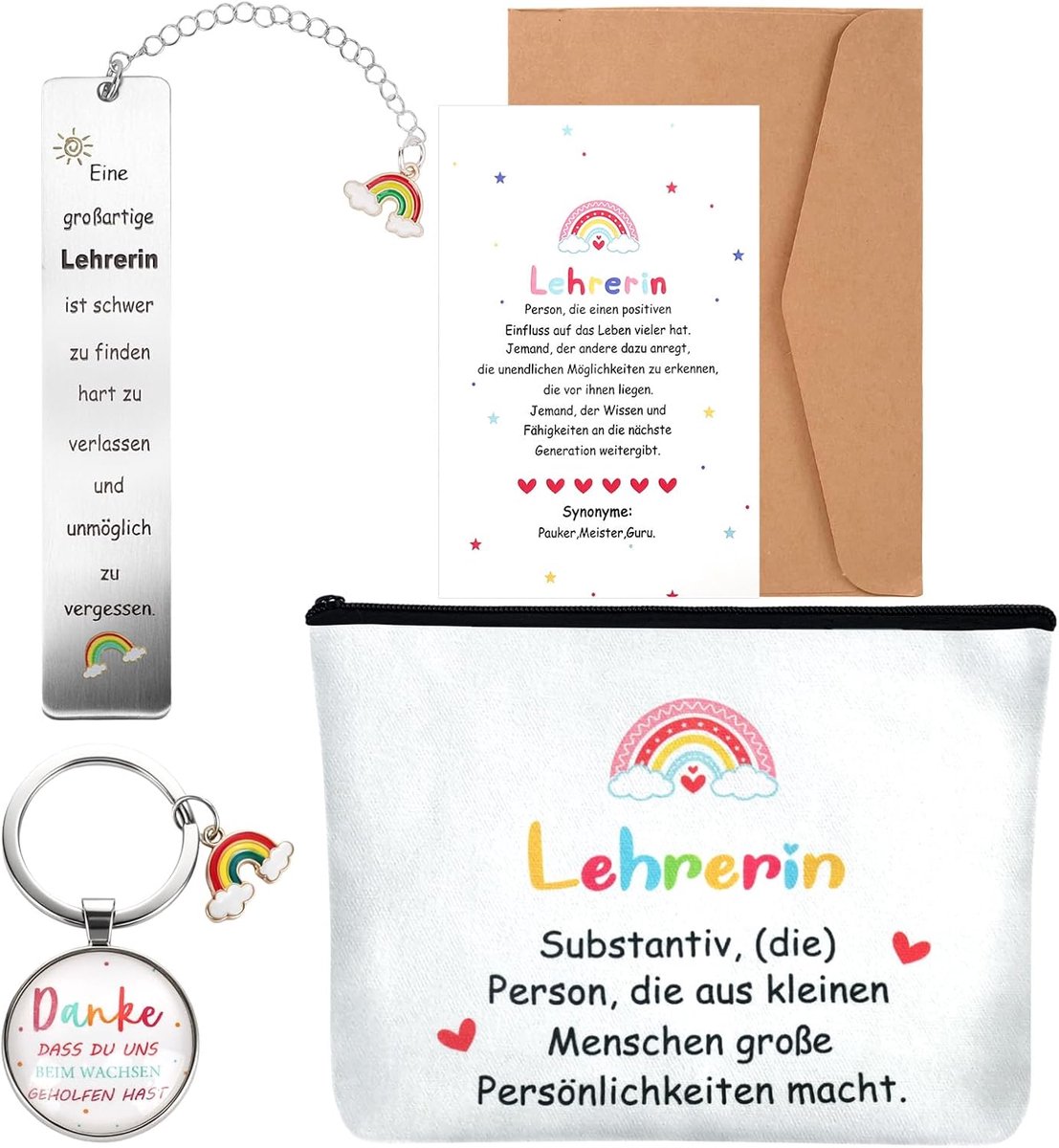 Leraar Cadeau, 5 stuks Afscheidscadeau voor Lerares – Cosmetische Tas, Bladwijzer, Sleutelhanger, Groetkaart met - ShopVlot