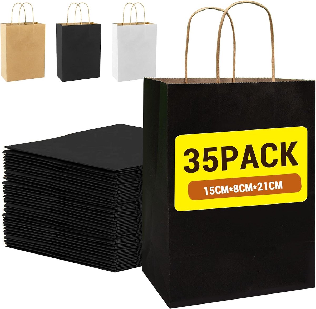 35 stuks papieren zakken met handvat, bruin, 15 x 21 x 8 cm, kleine cadeauzakjes, kraftpapieren zakjes, cadeauzakjes - ShopVlot