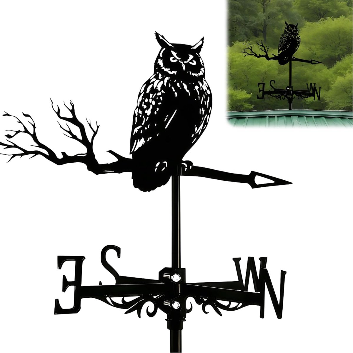 Weervlag met uil ontwerp, metaal, vintage, voor tuin en dak - Toont windrichting; weerbestendig; decoratief. - ShopVlot