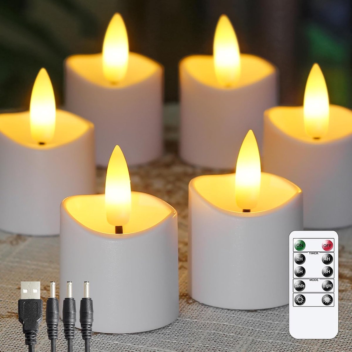 Rechargeable Flameless Remote Control 4cm x4cm LED Candles, Flickering Plastic White Timer Set of 6 Candles with - ShopVlot