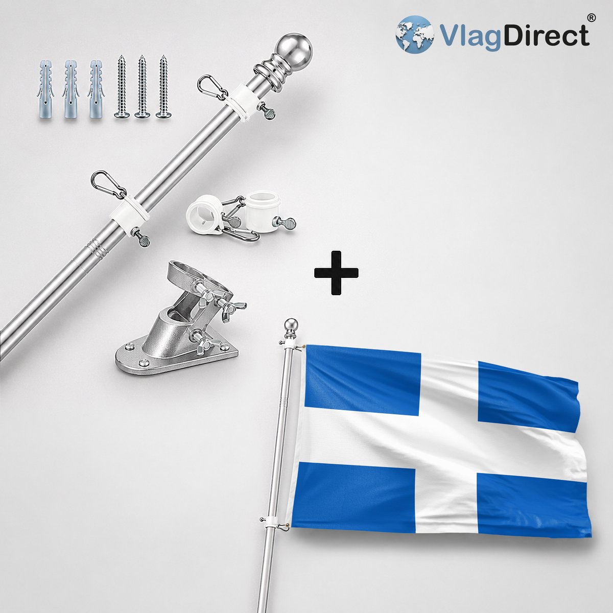 VlagDirect - Compleet vlaggenpakket - Zilveren vlaggenstok inclusief vlaggenstokhouder + Zwolle vlag - Gemeente Zwolle vlag - 90 x 150 cm.