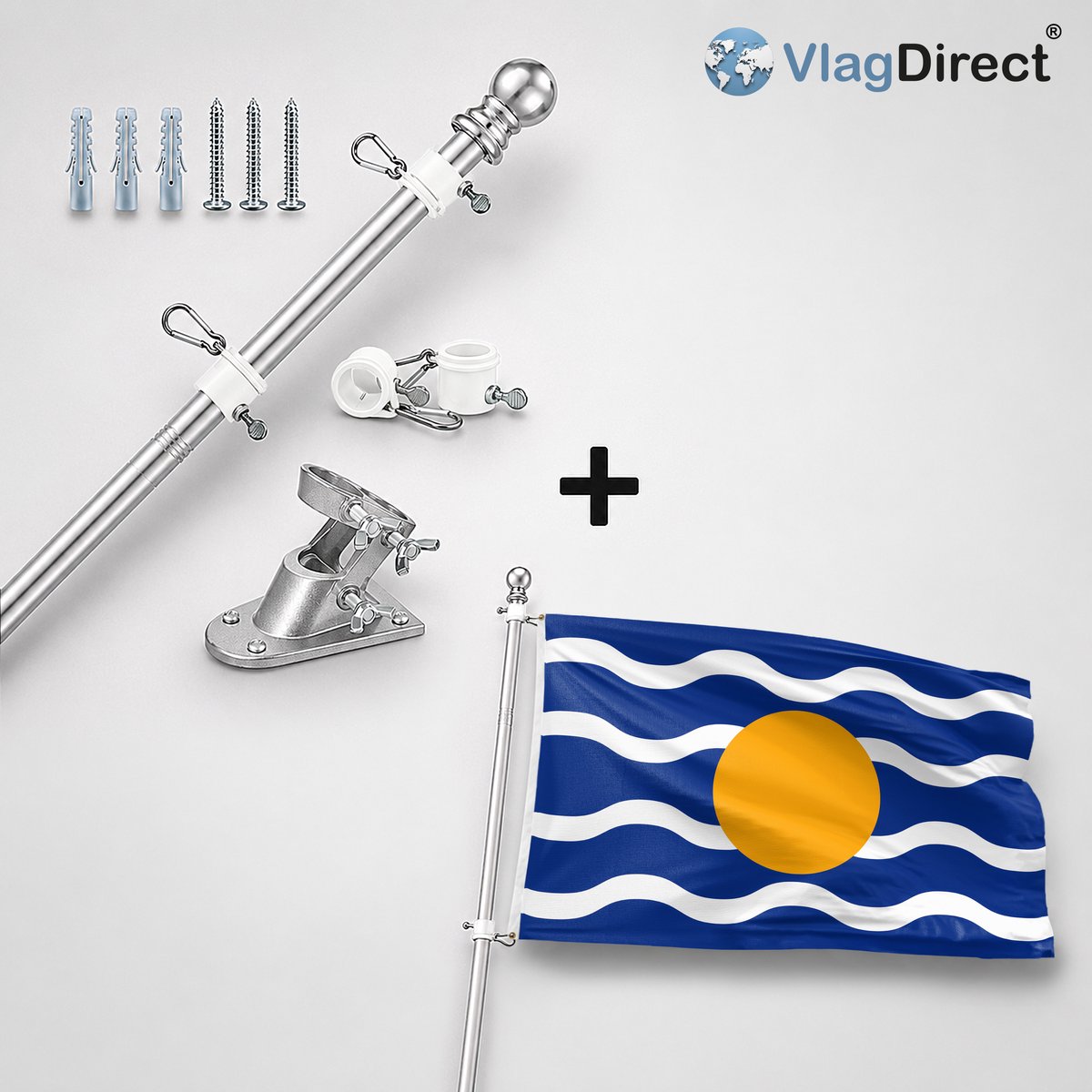 VlagDirect - Compleet vlaggenpakket - Zilveren vlaggenstok inclusief vlaggenstokhouder + West Indische vlag - West-Indische Federatie vlag - 90 x 150 cm.