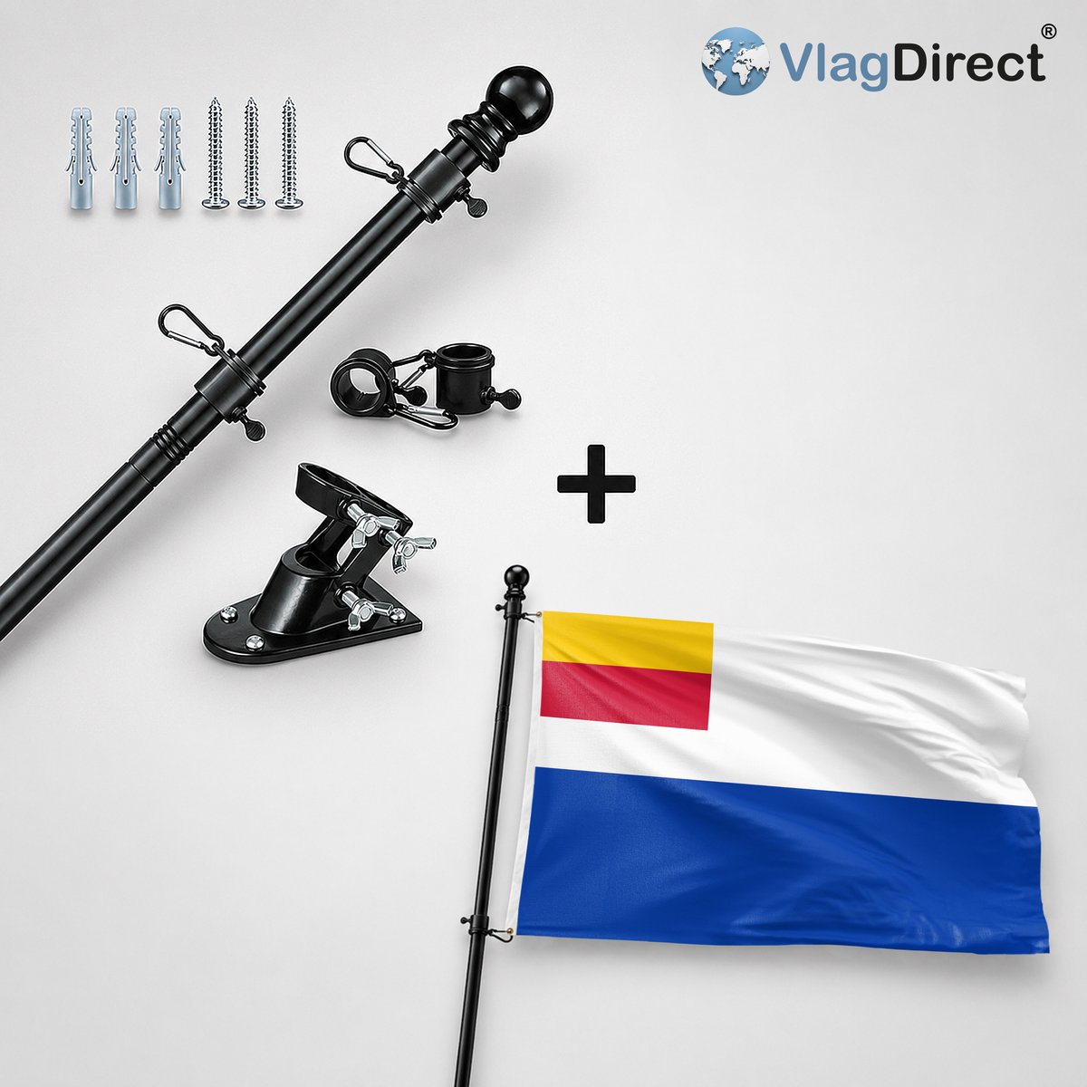 VlagDirect - Compleet vlaggenpakket - Zwarte vlaggenstok inclusief vlaggenstokhouder + Duiven vlag - Gemeente Duiven vlag - 90 x 150 cm.