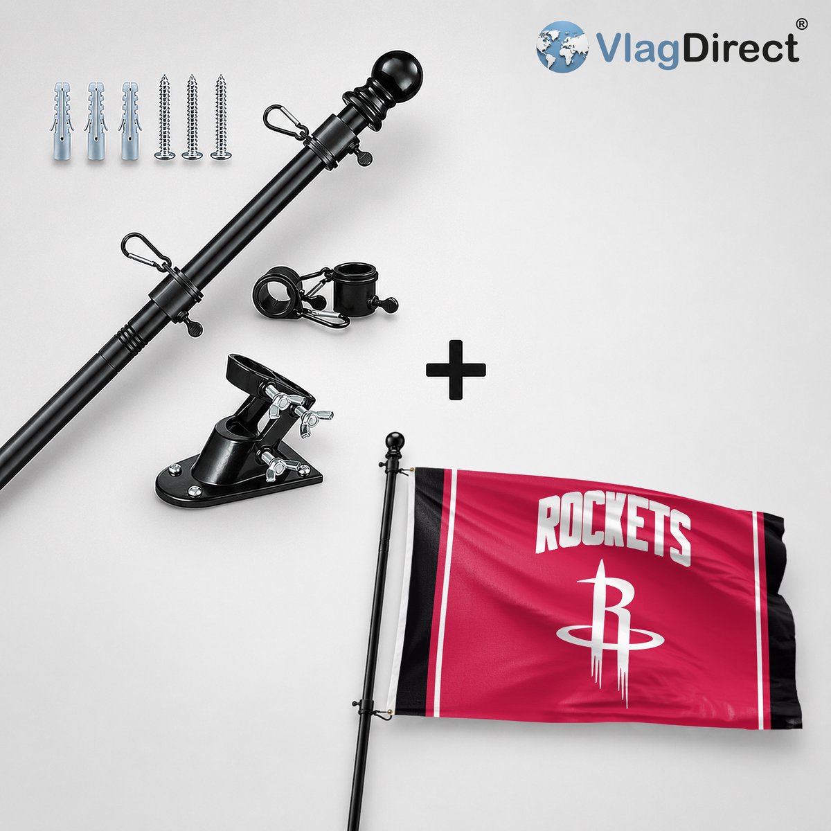 VlagDirect - Compleet vlaggenpakket - Zwarte vlaggenstok inclusief vlaggenstokhouder + Houston Rockets vlag - Houston Rockets basketbalteam vlag - 90 x 150 cm.