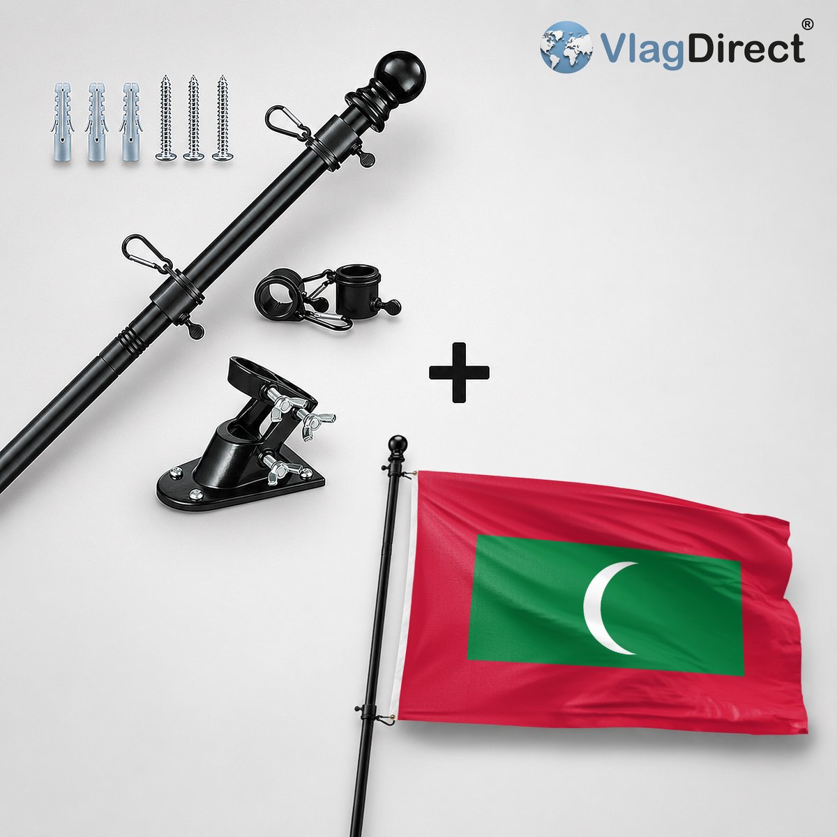 VlagDirect - Compleet vlaggenpakket - Zwarte vlaggenstok inclusief vlaggenstokhouder + Maldivische vlag - Malediven vlag - 90 x 150 cm