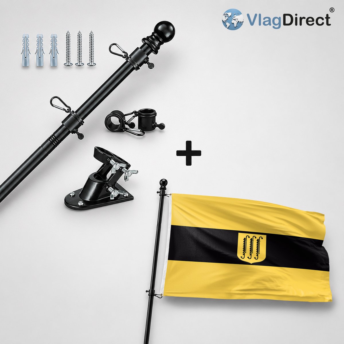 VlagDirect - Compleet vlaggenpakket - Zwarte vlaggenstok inclusief vlaggenstokhouder + Zwijndrecht vlag - Gemeente Zwijndrecht vlag - 90 x 150 cm.
