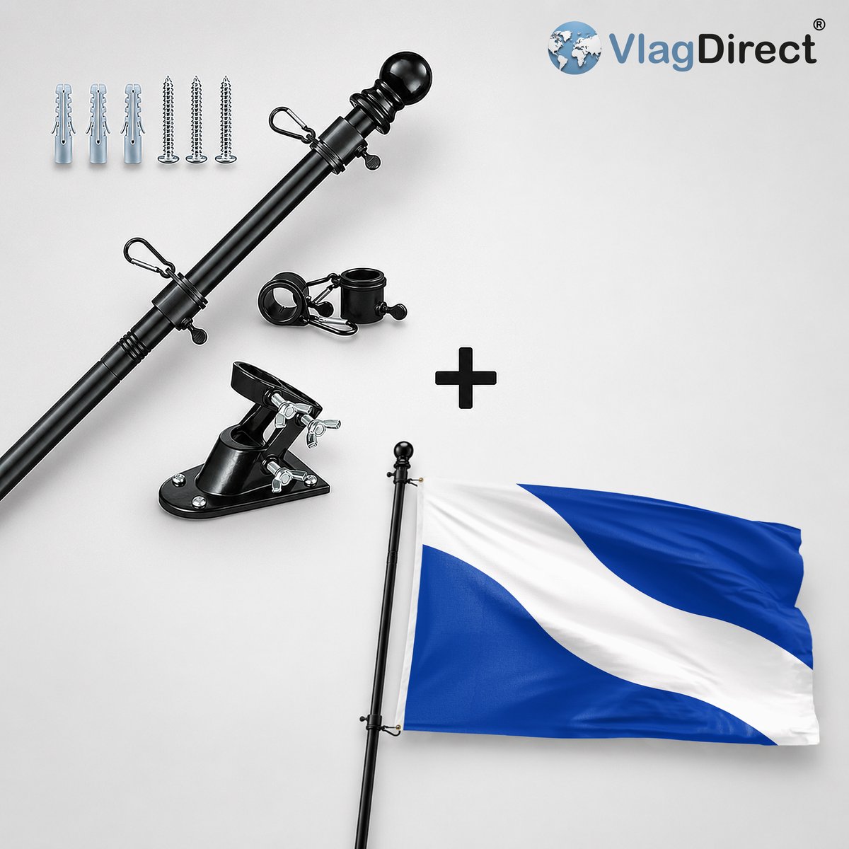 VlagDirect - Compleet vlaggenpakket - Zwarte vlaggenstok inclusief vlaggenstokhouder + Hengelo vlag - Gemeente Hengelo vlag - 90 x 150 cm.