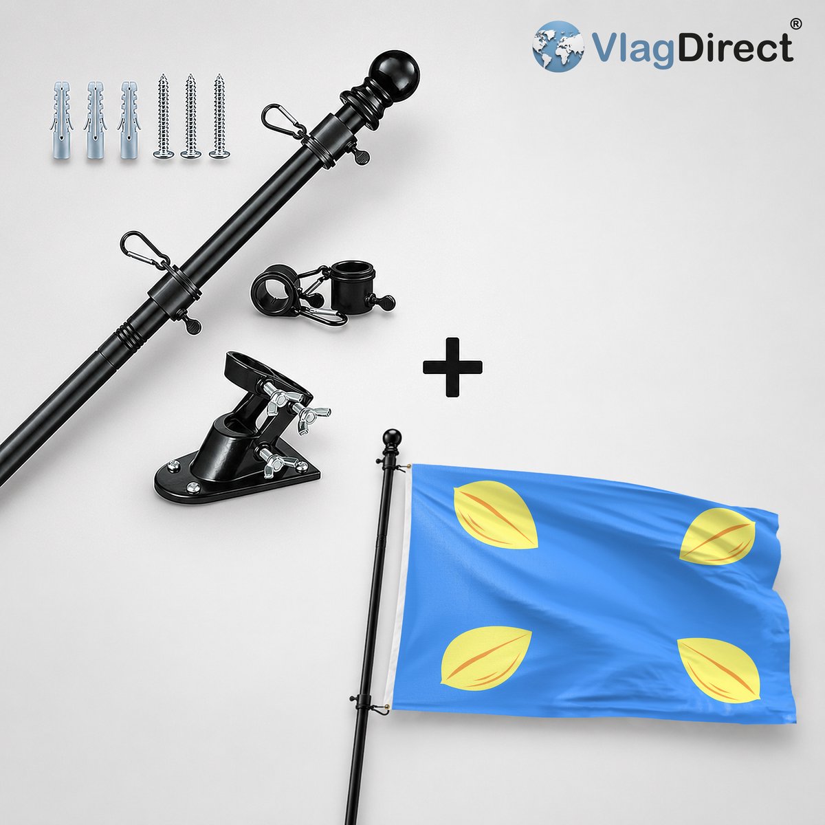VlagDirect - Compleet vlaggenpakket - Zwarte vlaggenstok inclusief vlaggenstokhouder + Hilversum vlag - Gemeente Hilversum vlag - 90 x 150 cm.