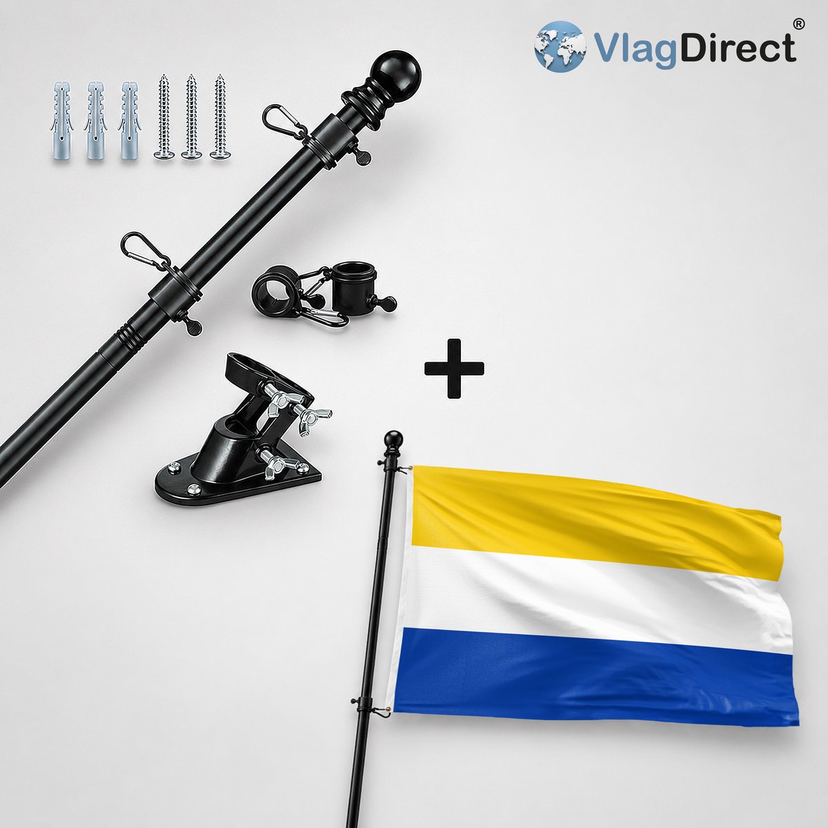 VlagDirect - Compleet vlaggenpakket - Zwarte vlaggenstok inclusief vlaggenstokhouder + Heerhugowaard vlag - Gemeente Heerhugowaard vlag - 90 x 150 cm.