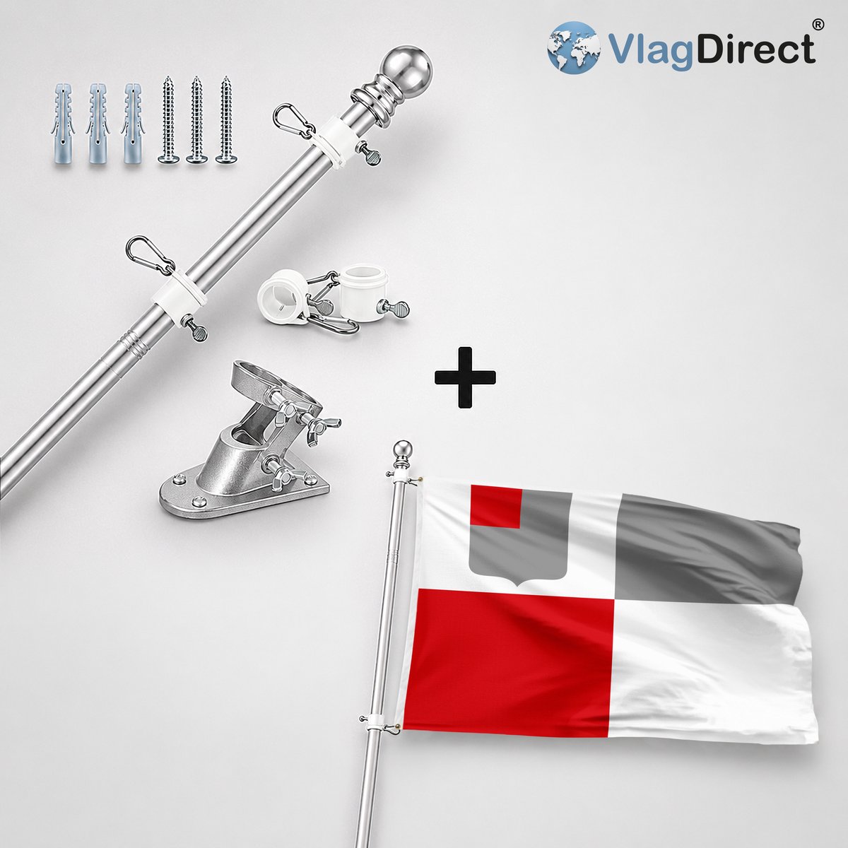 VlagDirect - Compleet vlaggenpakket - Zilveren vlaggenstok inclusief vlaggenstokhouder + Gemeente Wanze vlag - 90 x 150 cm.