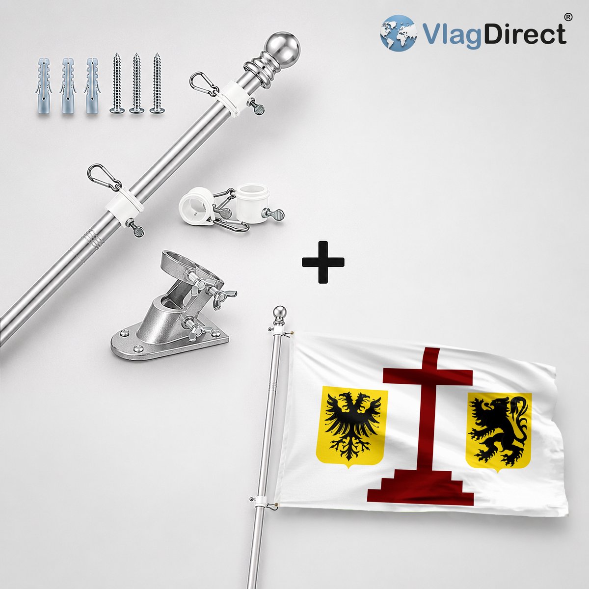 VlagDirect - Compleet vlaggenpakket - Zilveren vlaggenstok inclusief vlaggenstokhouder + Geraardsbergse vlag - Gemeente Geraardsbergen vlag - 90 x 150 cm.