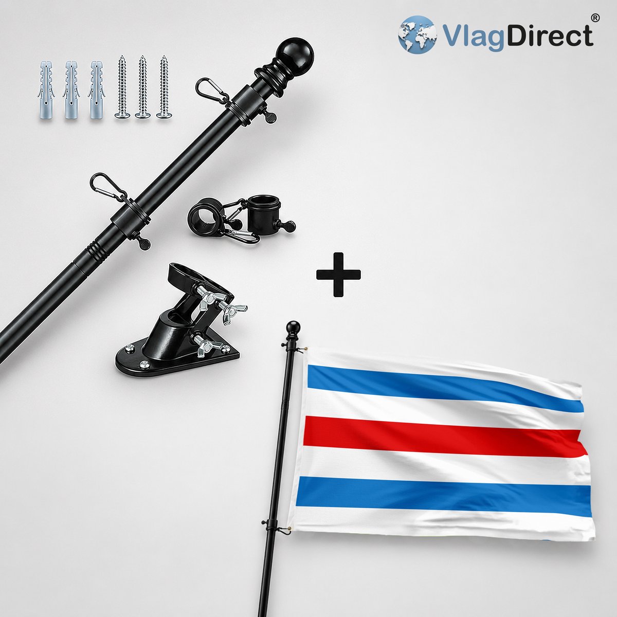 VlagDirect - Compleet vlaggenpakket - Zwarte vlaggenstok inclusief vlaggenstokhouder + Gemeente Manhay vlag - 90 x 150 cm.