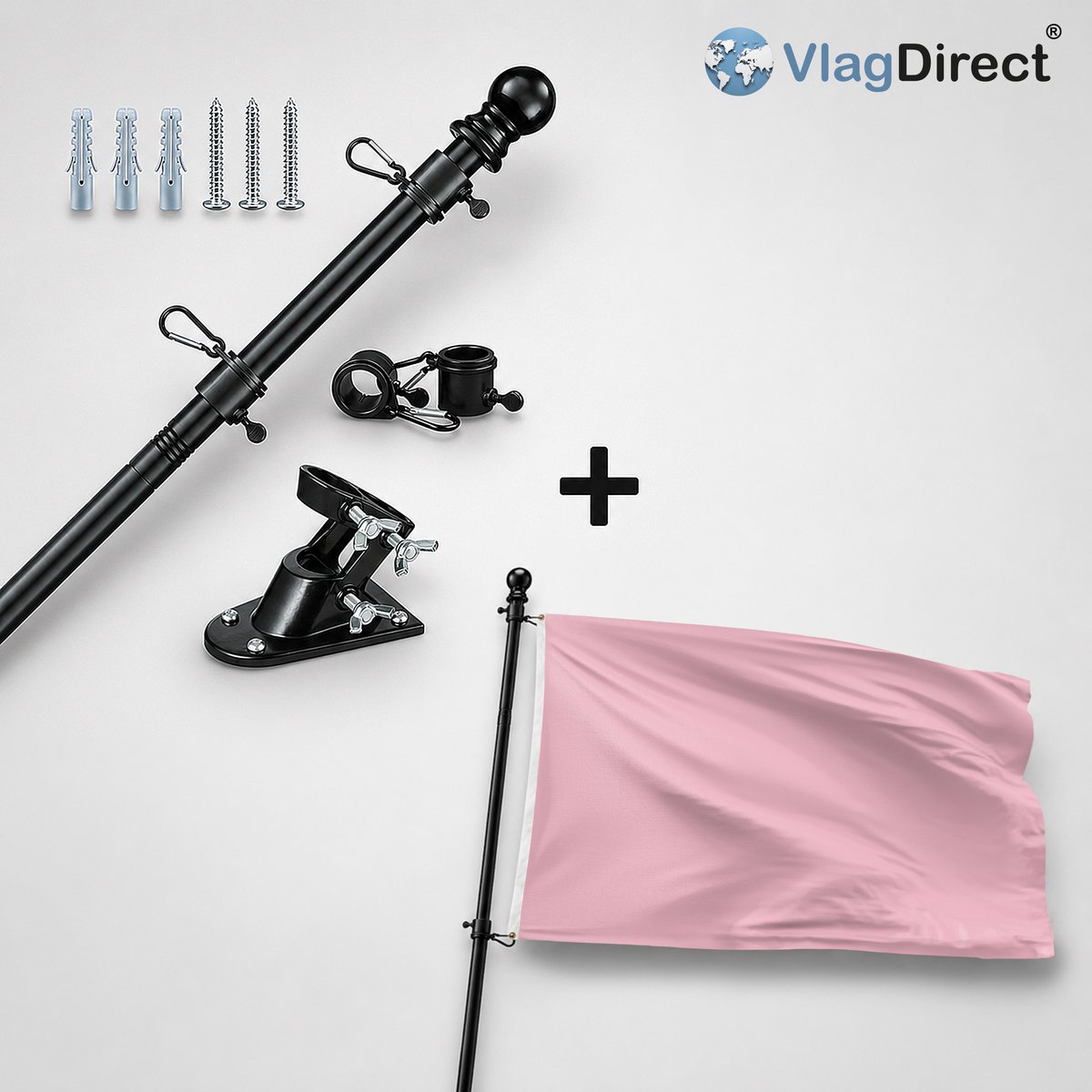 VlagDirect - Compleet vlaggenpakket - Zwarte vlaggenstok inclusief vlaggenstokhouder + Roze vlag - Roze thema vlag - 90 x 150 cm.