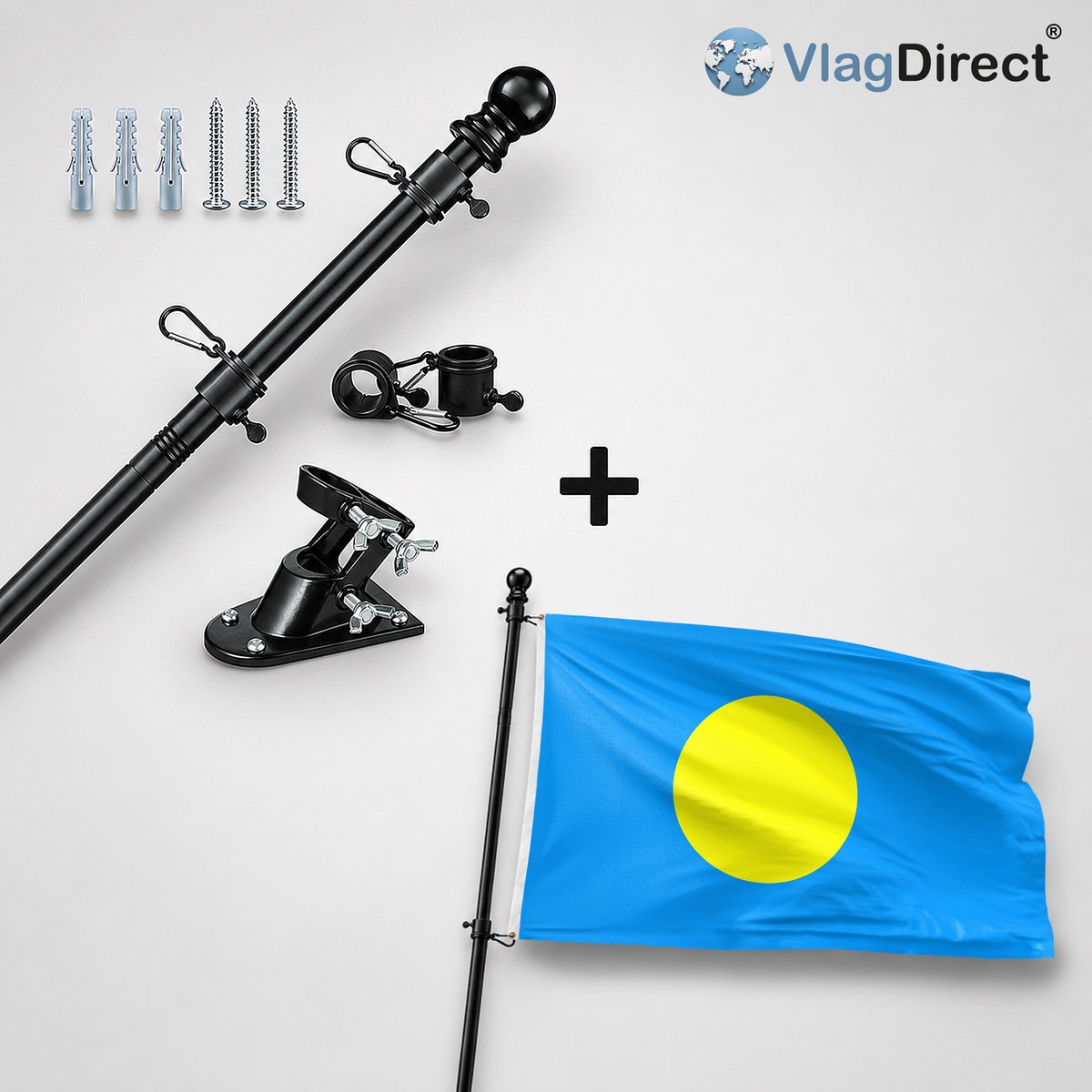 VlagDirect - Compleet vlaggenpakket - Zwarte vlaggenstok inclusief vlaggenstokhouder + Palause vlag - Palau vlag - 90 x 150 cm