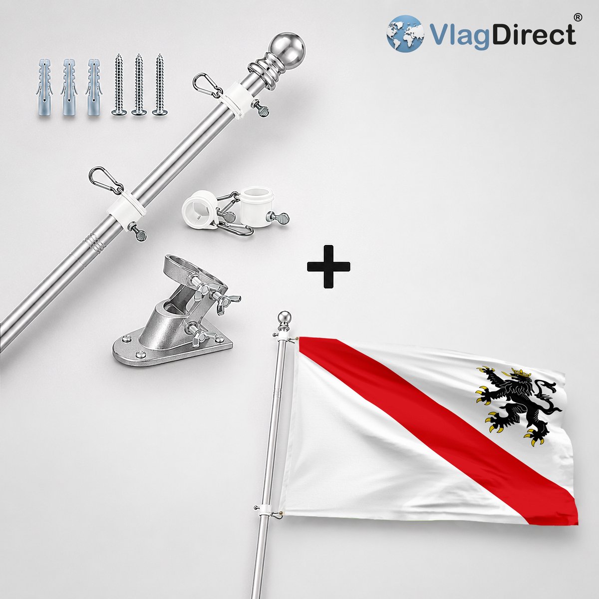 VlagDirect - Compleet vlaggenpakket - Zilveren vlaggenstok inclusief vlaggenstokhouder + Gemeente Courcelles vlag - 90 x 150 cm.