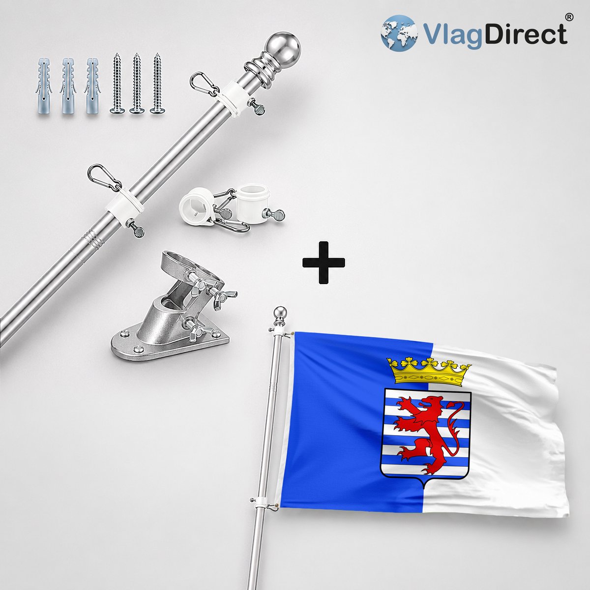 VlagDirect - Compleet vlaggenpakket - Zilveren vlaggenstok inclusief vlaggenstokhouder + Gemeente Durbuy vlag - 90 x 150 cm.