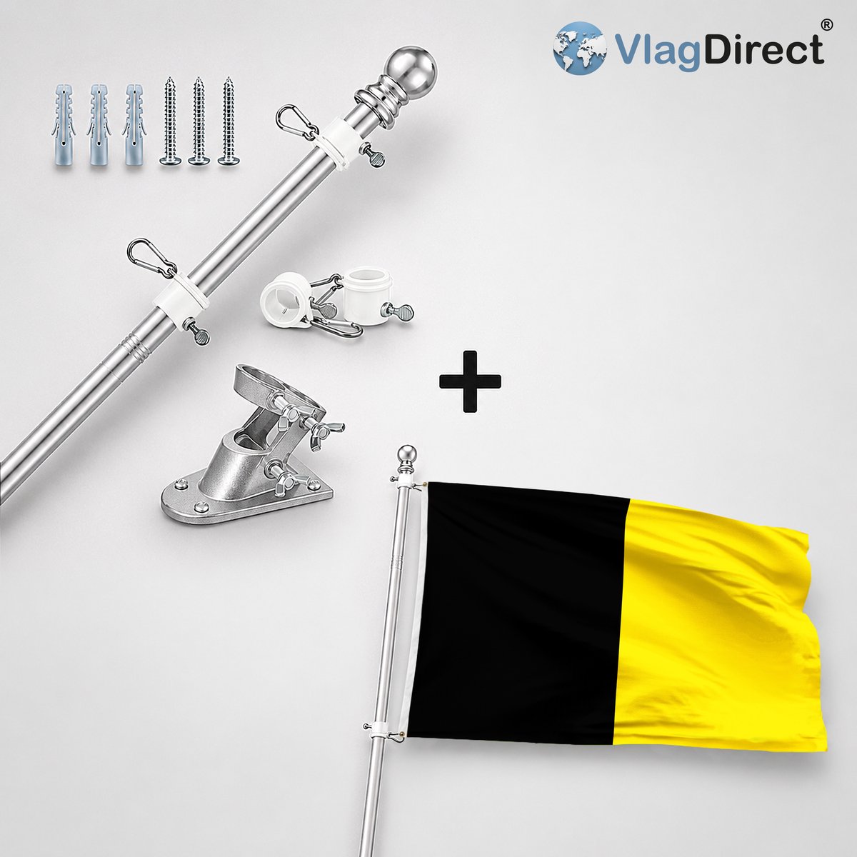 VlagDirect - Compleet vlaggenpakket - Zilveren vlaggenstok inclusief vlaggenstokhouder + Geldenaakse vlag - Gemeente Geldenaken vlag - 90 x 150 cm.
