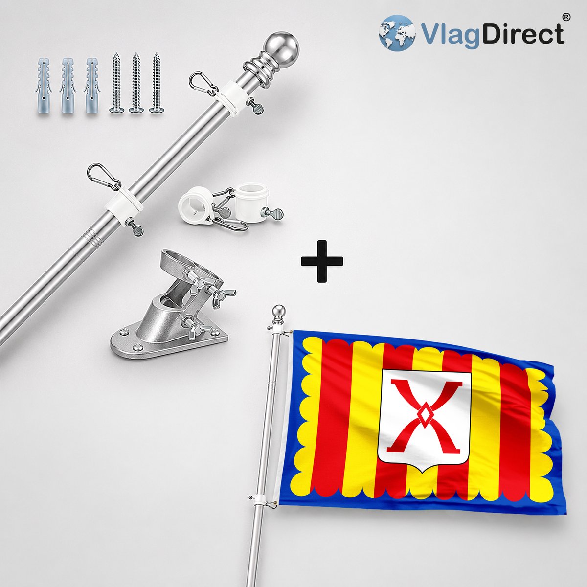VlagDirect - Compleet vlaggenpakket - Zilveren vlaggenstok inclusief vlaggenstokhouder + Gemeente Ham-sur-Heure-Nalinnes vlag - 90 x 150 cm.