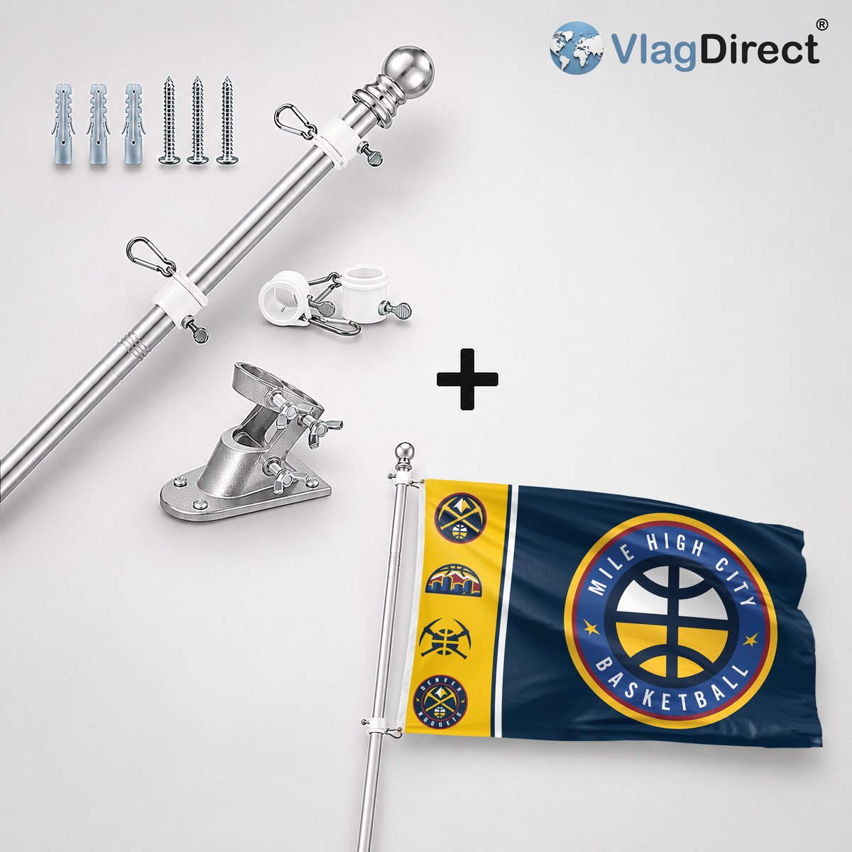 VlagDirect - Compleet vlaggenpakket - Zilveren vlaggenstok inclusief vlaggenstokhouder + Denver Nuggets vlag - Denver Nuggets basketbalteam vlag - 90 x 150 cm.