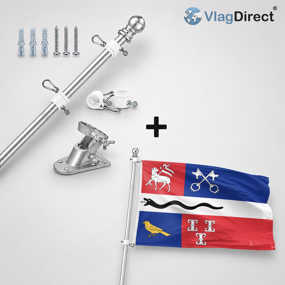VlagDirect - Compleet vlaggenpakket - Zilveren vlaggenstok inclusief vlaggenstokhouder + De Ronde Venen vlag - Gemeente De Ronde Venen vlag - 90 x 150 cm.