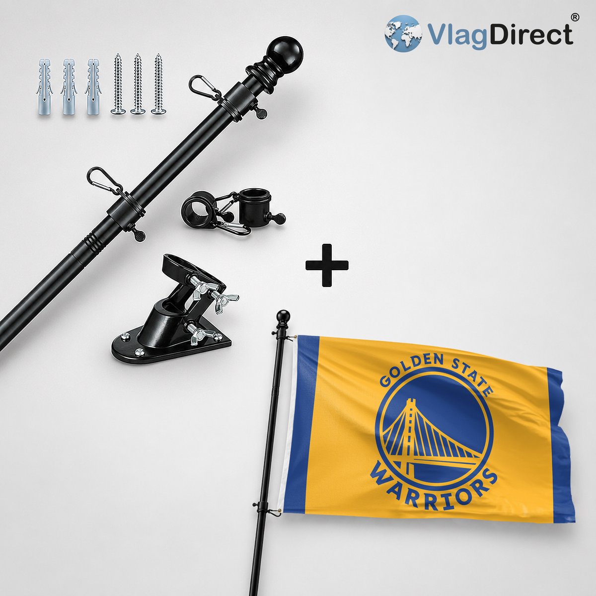 VlagDirect - Compleet vlaggenpakket - Zwarte vlaggenstok inclusief vlaggenstokhouder + Golden State Warriors vlag - Golden State Warriors basketbalteam vlag - 90 x 150 cm.