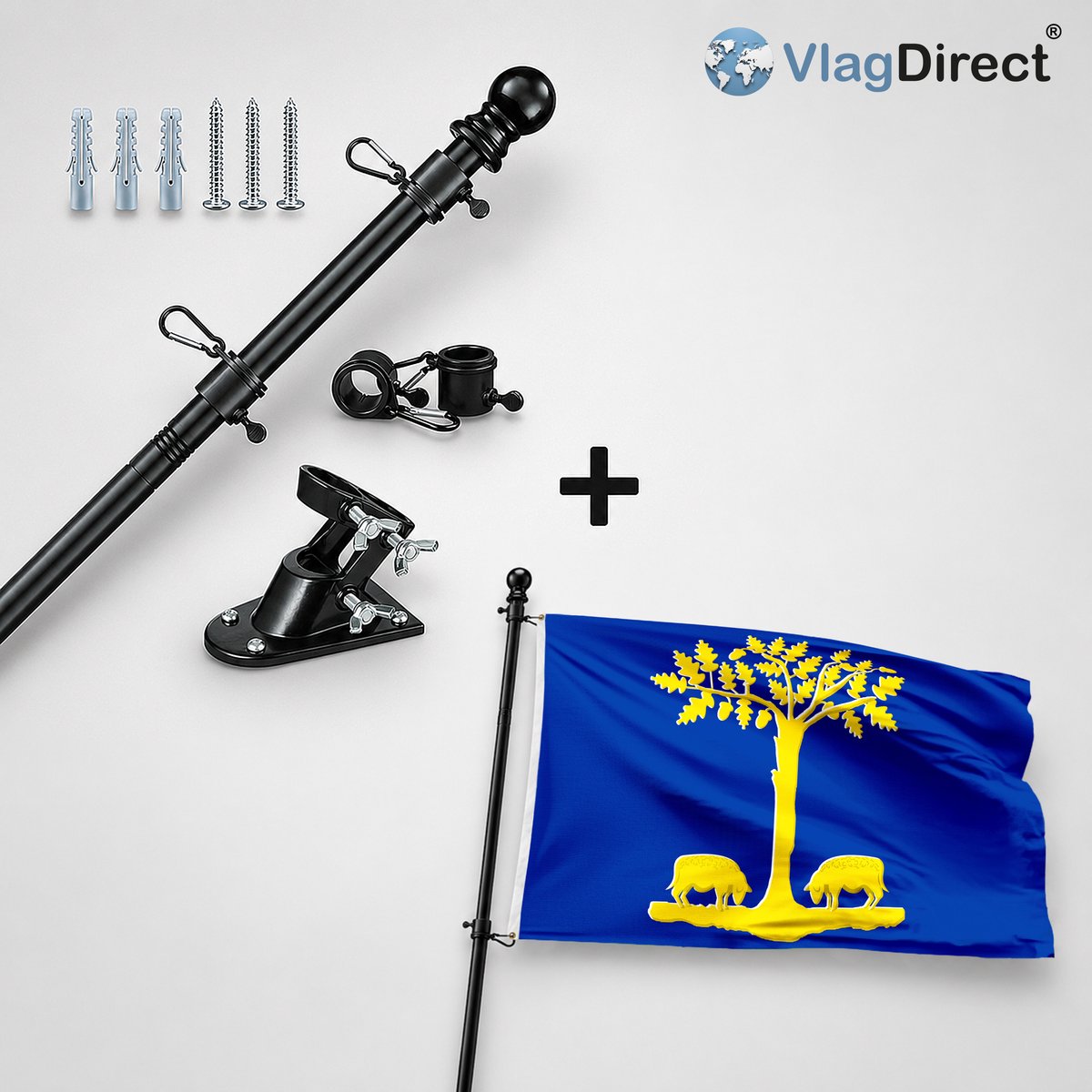 VlagDirect - Compleet vlaggenpakket - Zwarte vlaggenstok inclusief vlaggenstokhouder + Lommelse vlag - Gemeente Lommel vlag - 90 x 150 cm.