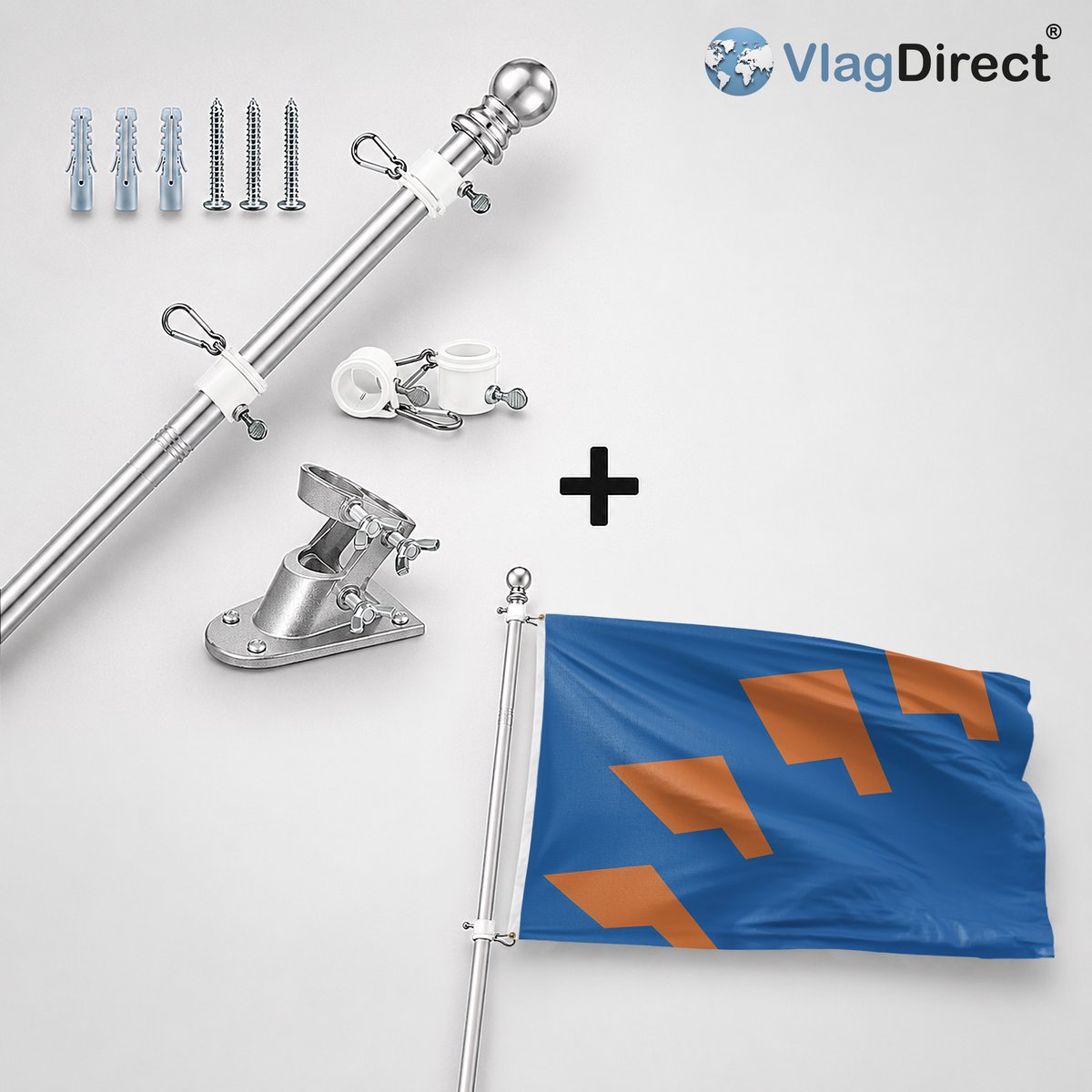 VlagDirect - Compleet vlaggenpakket - Zilveren vlaggenstok inclusief vlaggenstokhouder + Berkelland vlag - Gemeente Berkelland vlag - 90 x 150 cm.