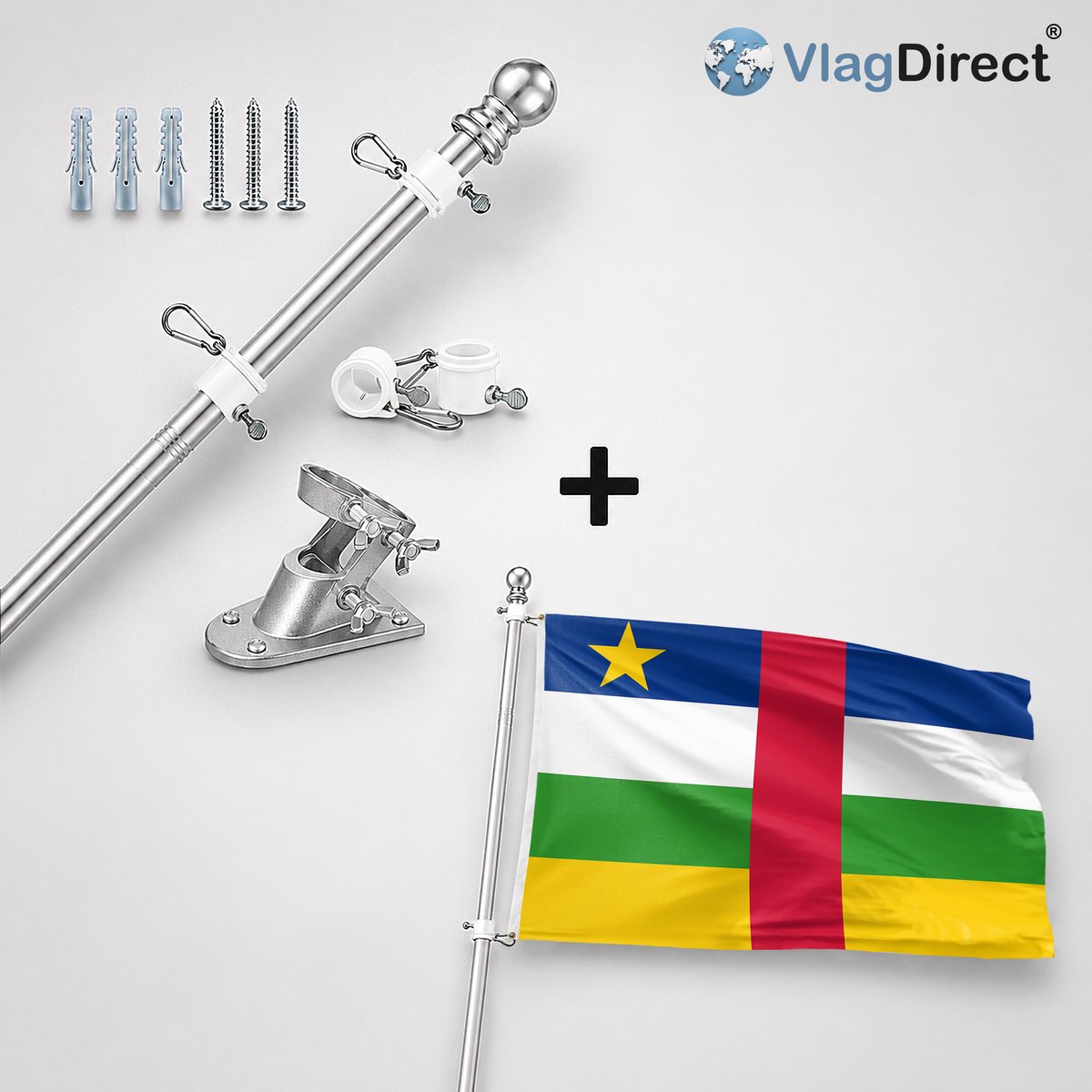 VlagDirect - Compleet vlaggenpakket - Zilveren vlaggenstok inclusief vlaggenstokhouder + Centraal Afrikaanse vlag - Centraal Afrika vlag - 90 x 150 cm.