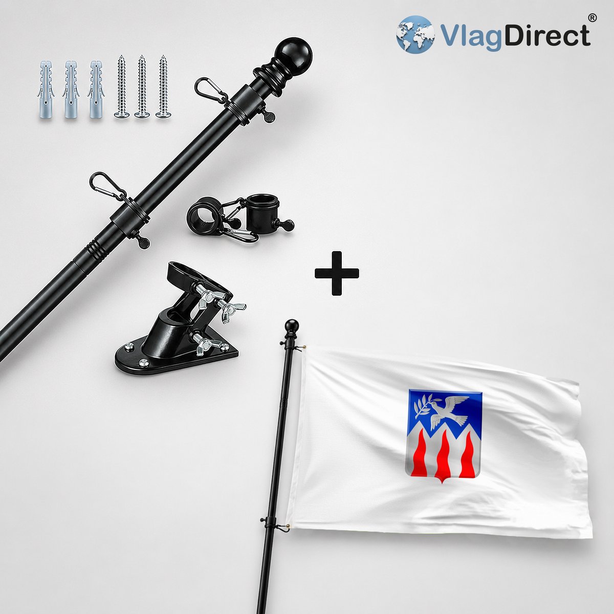 VlagDirect - Compleet vlaggenpakket - Zwarte vlaggenstok inclusief vlaggenstokhouder + Gemeente Juprelle vlag - 90 x 150 cm.
