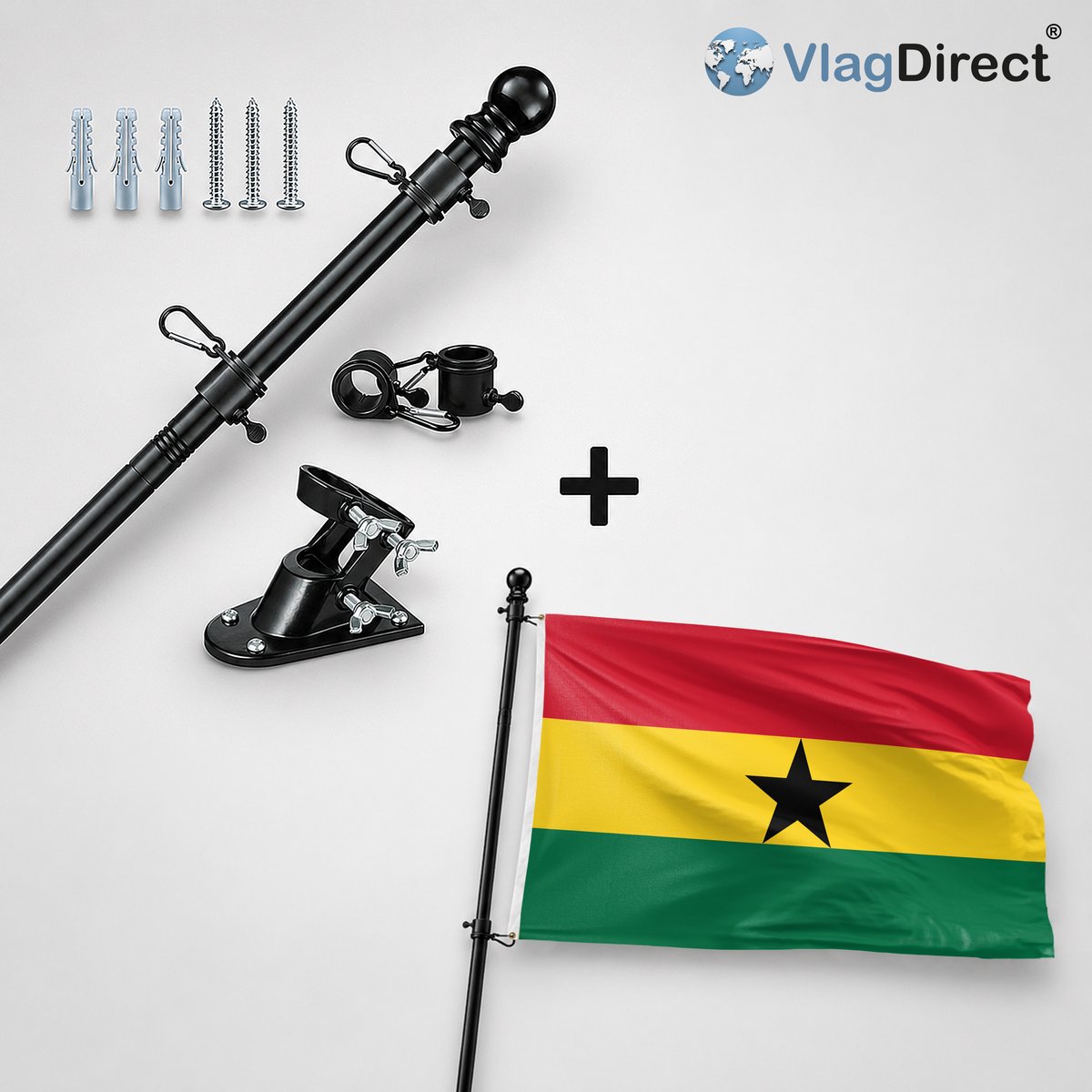 VlagDirect - Compleet vlaggenpakket - Zwarte vlaggenstok inclusief vlaggenstokhouder + Ghanese vlag - Ghana vlag - 90 x 150 cm.